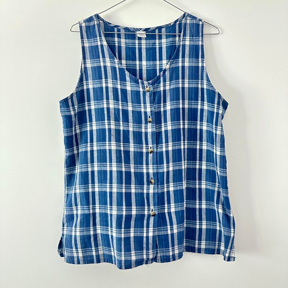 Vintage Lands' End Cotton Plaid Button Up Women 12 Large Gingham Sleeveless 90s